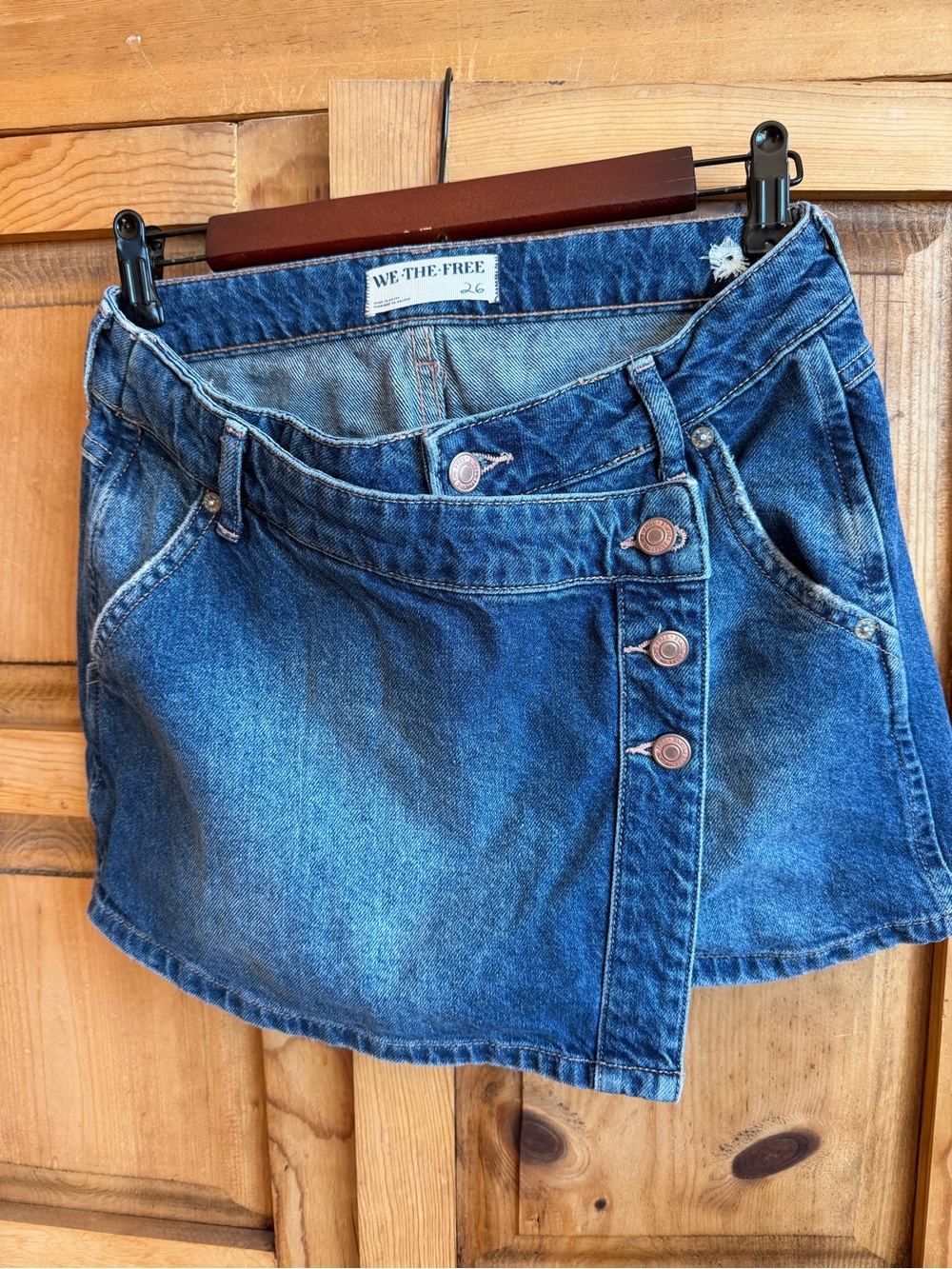 Free People Faded Blue Denim Mini Skirt with off set Side Button Detail